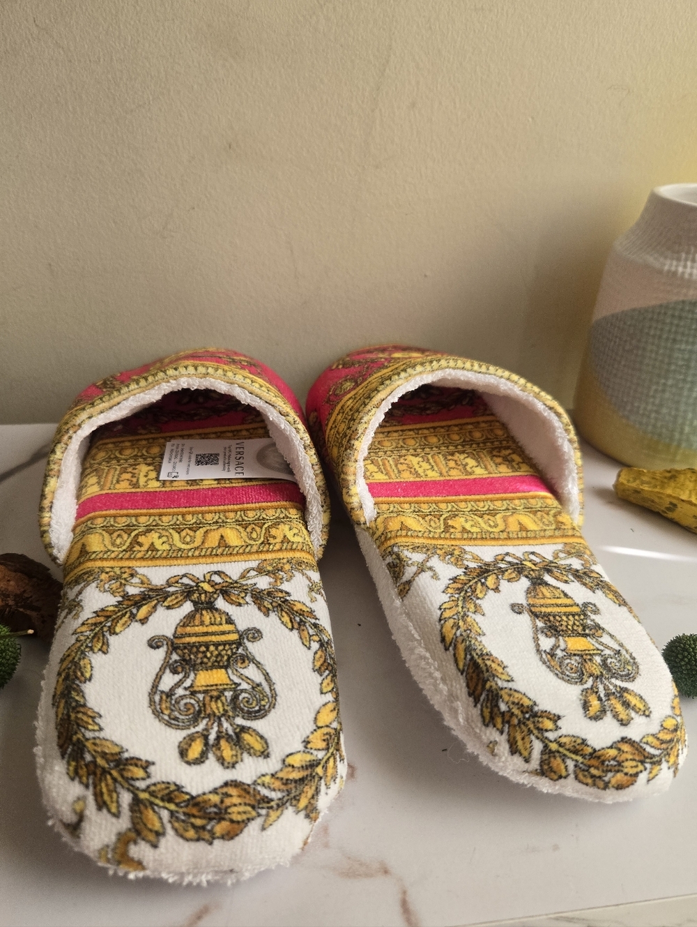 NWT Versace Medusa Baroque Print Pink Cotton Slippers Size XL - Picture 5 of 11